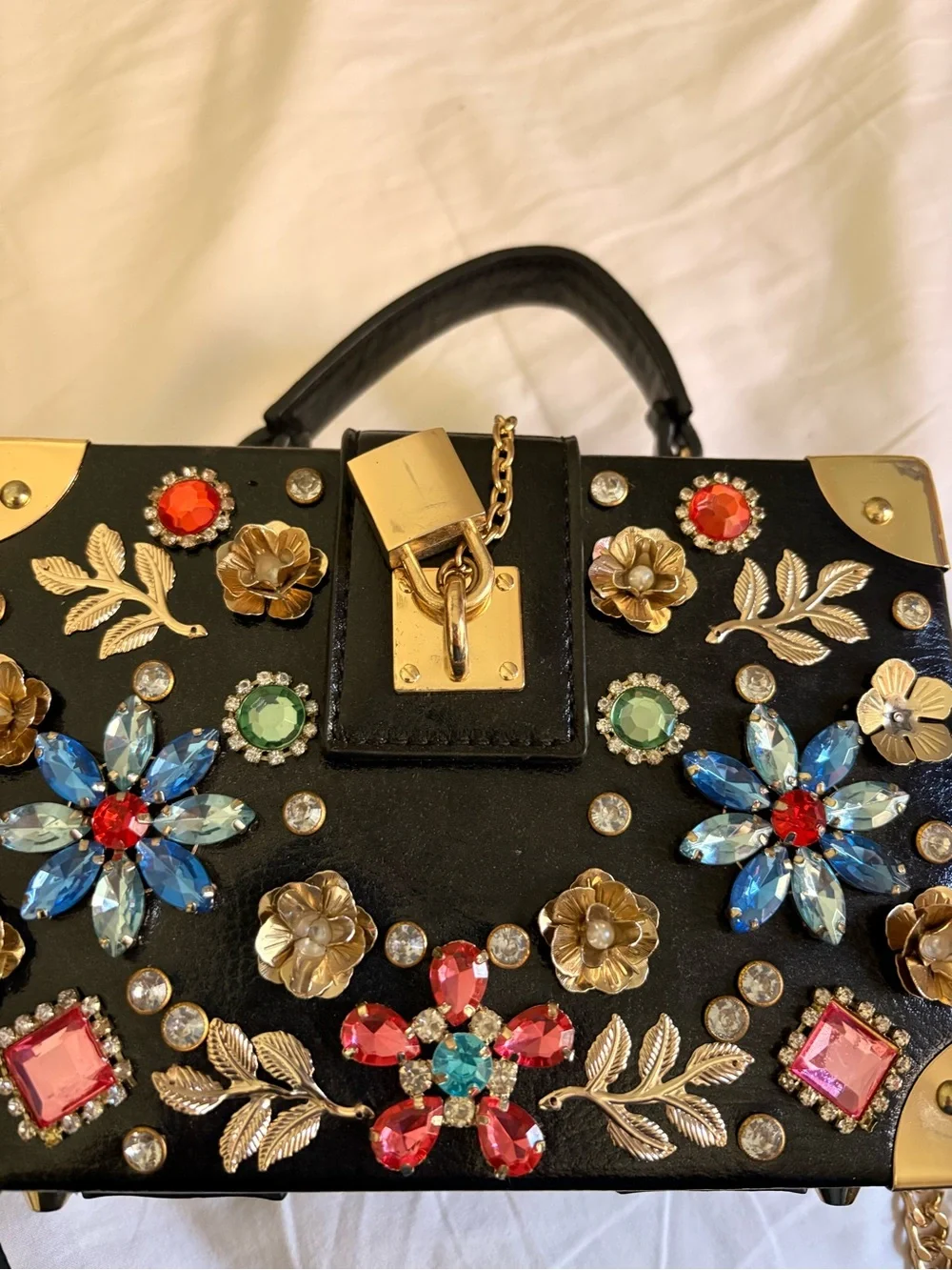 Embellished Black Floral Gem Box Bag - Designer Style - Picture 1 of 5